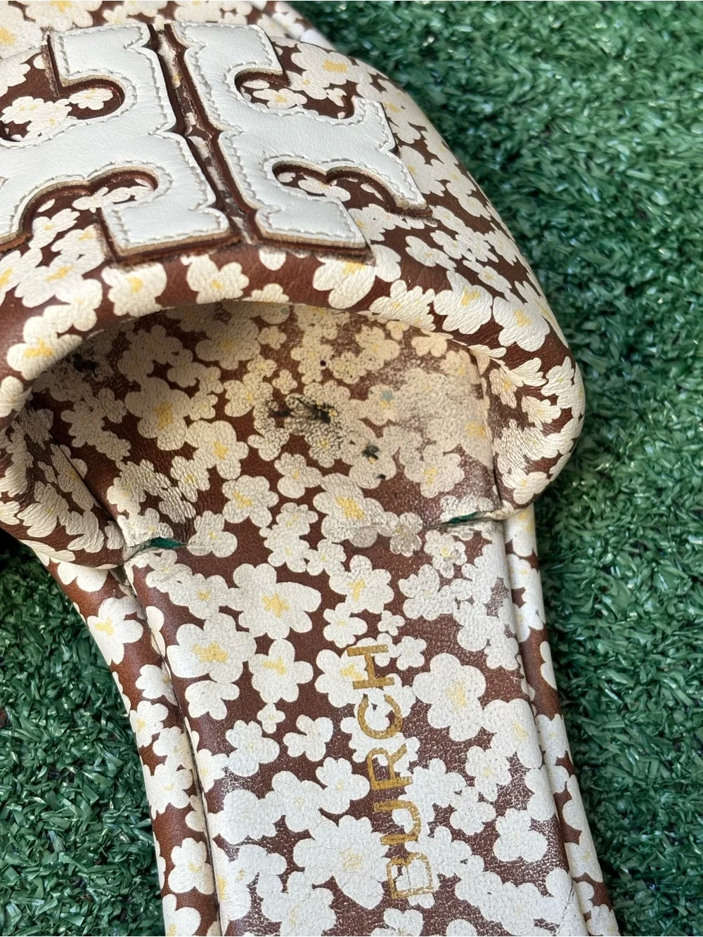 Tory Burch Women’s Brown Floral Slide Sandals with White Logo Accent